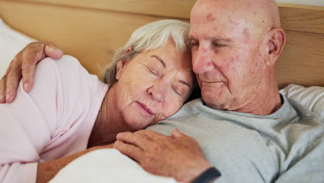 senior, couple and sleep in bed hug for morning