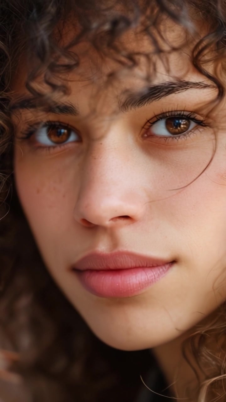 Accattivante ritratto ravvicinato di una giovane donna con bellissimi occhi marroni e ricci naturali che evocano emozione e connessione attraverso i suoi lineamenti espressivi