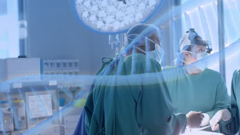 Animation-of-dna-strand-over-diverse-surgeons-in-hospital