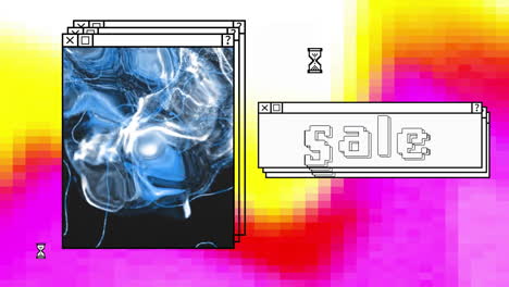 animation of sale text and grey network wave on windows over pink, red and yellow desktop