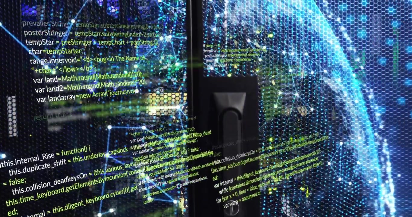 Server door handle staying while code sliding in triggers node pulsing into globe showing data