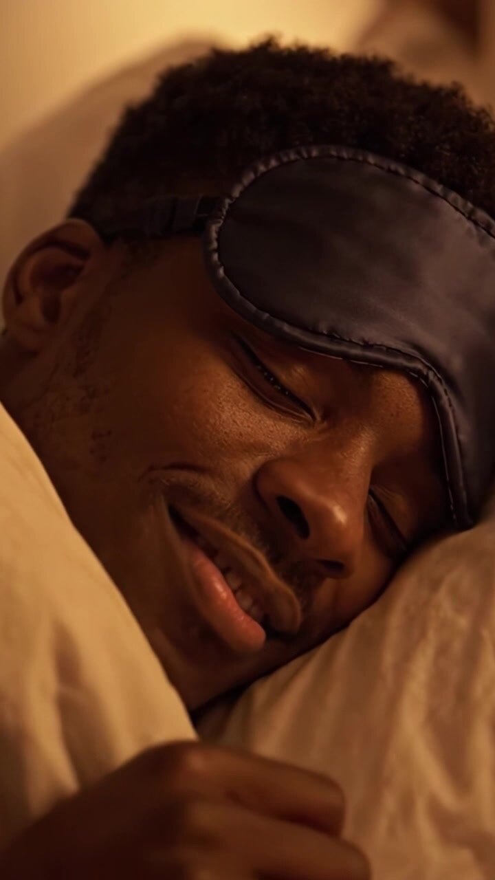 Een Sereen Rustmoment: Een Close-Up van een Persoon Die Diep Slaapt met een Slaapmasker, Waarbij Ontspanning en Comfort in een Knusse Bedomgeving Worden Benadrukt