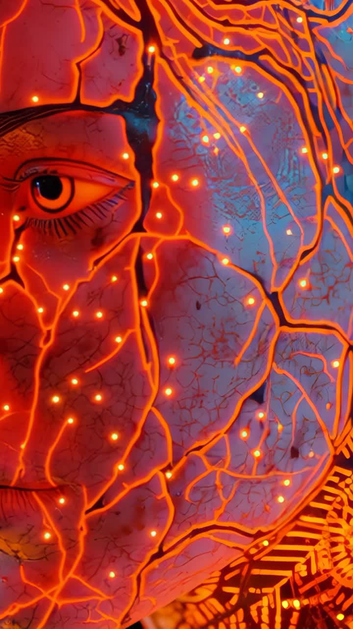 Vertical video: Opening sequence showing CGI face glowing in dark void, with spreading red veins