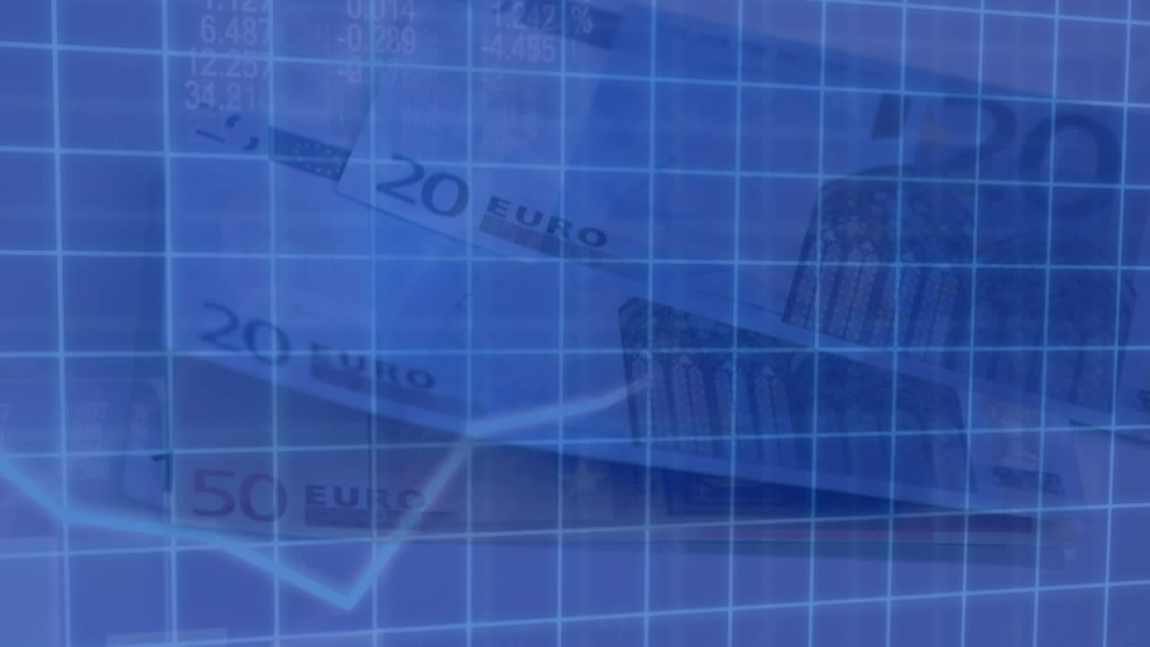 Animation of financial data processing with lines recording over euro currency bills