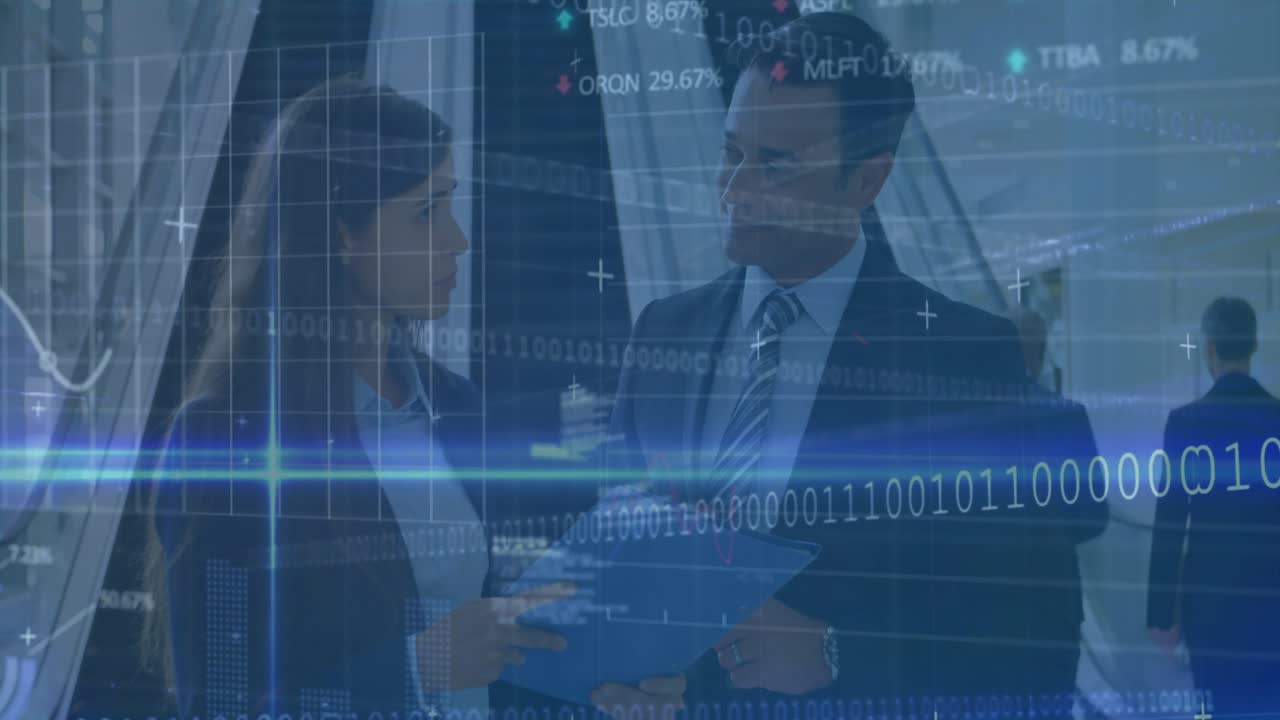 Opening blue folder, business team analyzing figures in lobby with animated graphs shifting