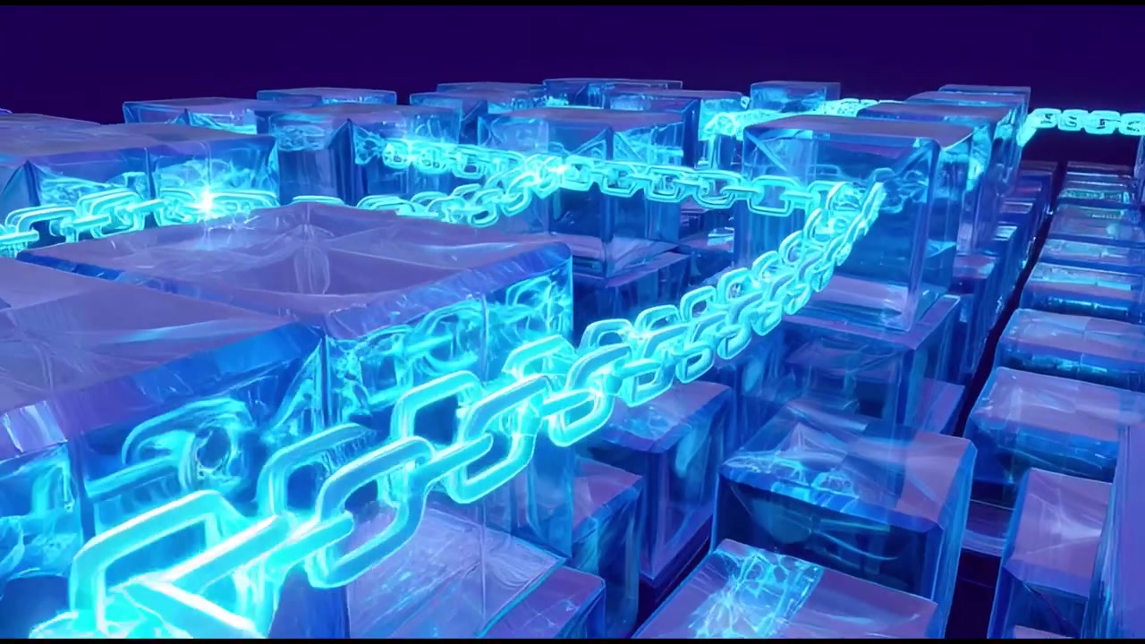Glowing Digital Chain Connecting Transparent Data Blocks