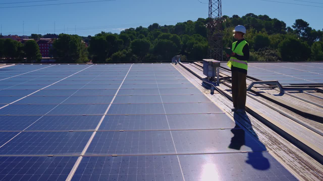 ingeniero inspeccionando paneles solares