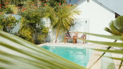 two inviting chairs by a turquoise pool in a private spa, bathed in sunlight amidst tropical surrounding