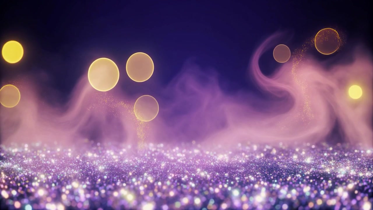 Sfondo glitterato viola astratto con particelle fluttuanti e fumo leggero