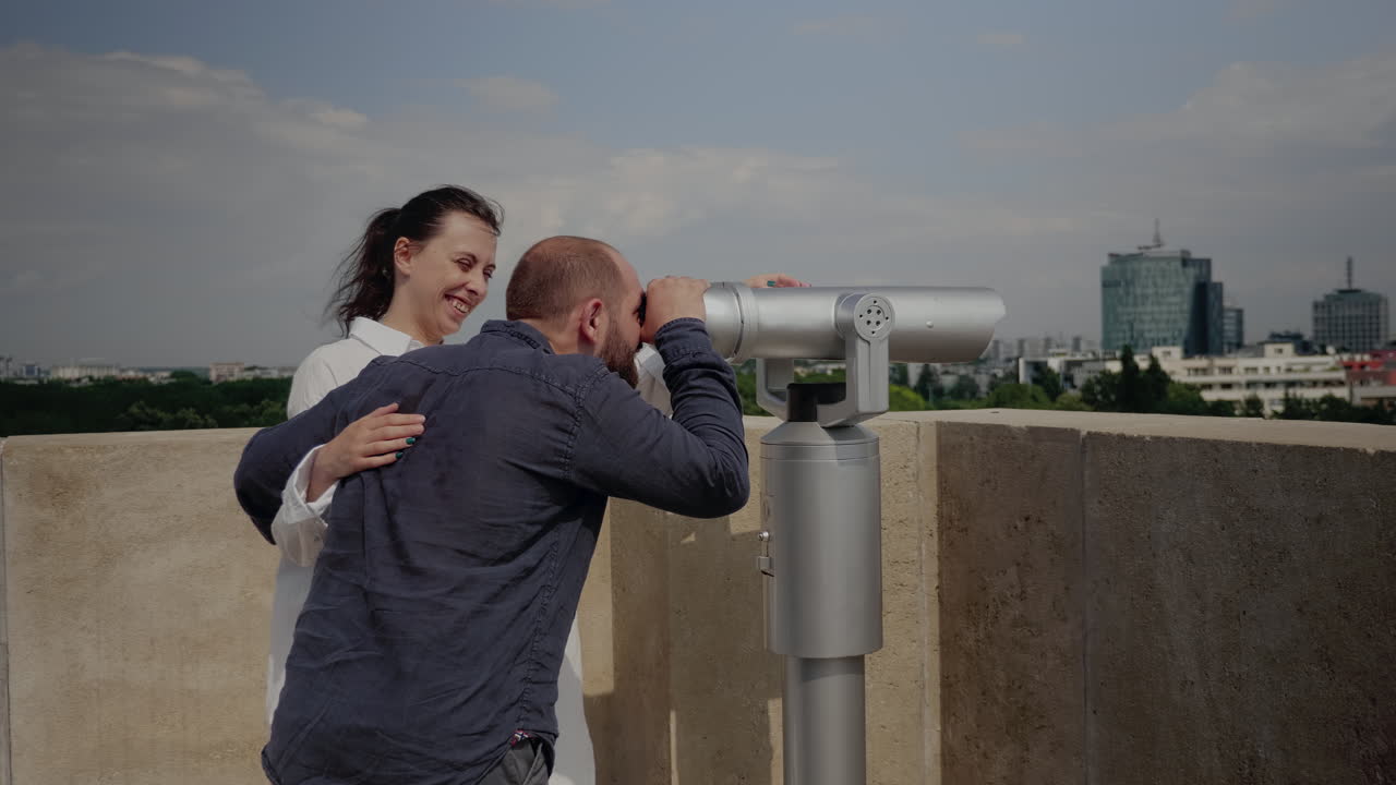 Caucasian tourist looking at panoramic view of metropolis