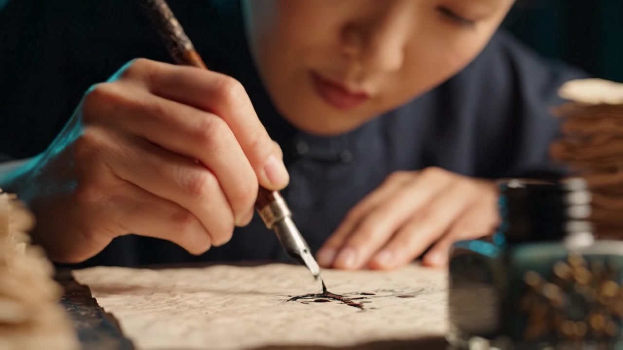 An Artistic Journey: A Close-Up of a Skillful Hand Using a Calligraphy Pen to Create Intricate Designs on Paper Surrounded by Calligraphy Supplies