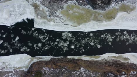 overhead drone of ice floating on river on a frigid day in british columbia