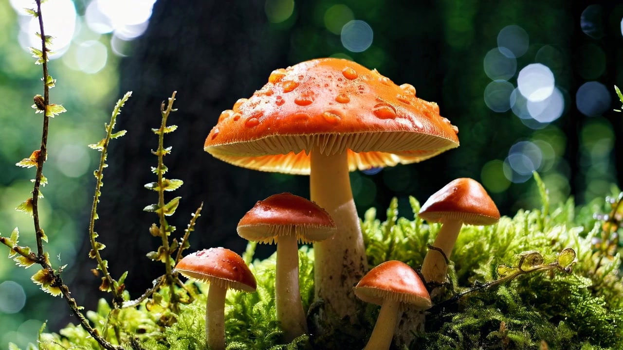Vibrant Orange Mushrooms with Water Droplets in a Forest