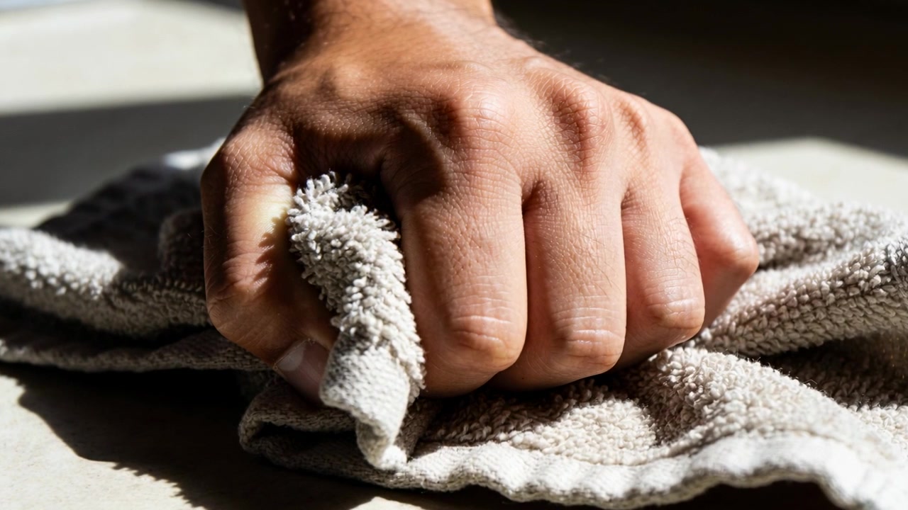 Posizionando la mano destra su un panno in microfibra beige su un bancone illuminato dal sole, stringendo la presa per pulire la superficie.