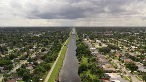 an aerial view of a long canal on a cloudy day