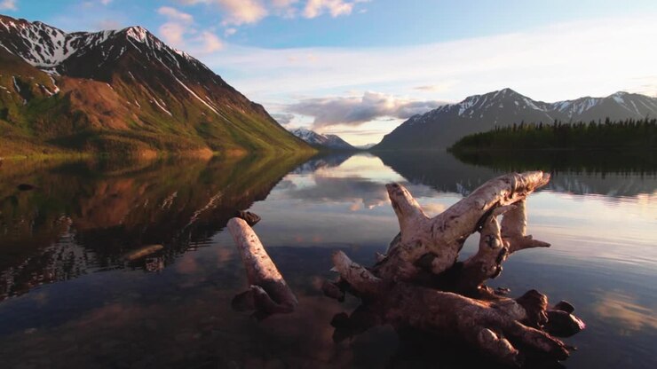 Spettacolare scena colorata del lago Kathleen dello Yukon, calmo e riflettente, con un albero di legno morto in primo piano e una pittoresca catena montuosa sullo sfondo in una giornata di sole, Canada, statica