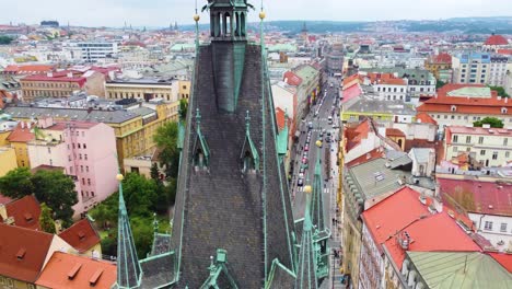 aerial view of a bustling city of prague with a prominent gothic saint vitus cathedral at its center