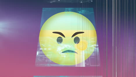 animación digital de pantallas con procesamiento de datos contra un emoji de cara enojada sobre un fondo púrpura