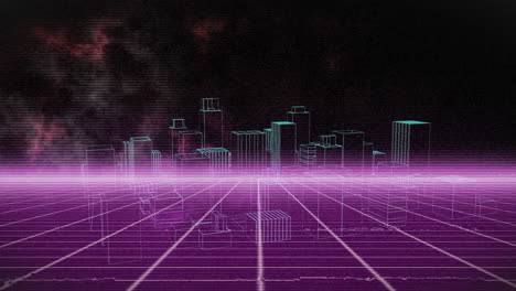neon wireframe cityscape rendering in retro-futuristic grid, featuring cyan and magenta outlines