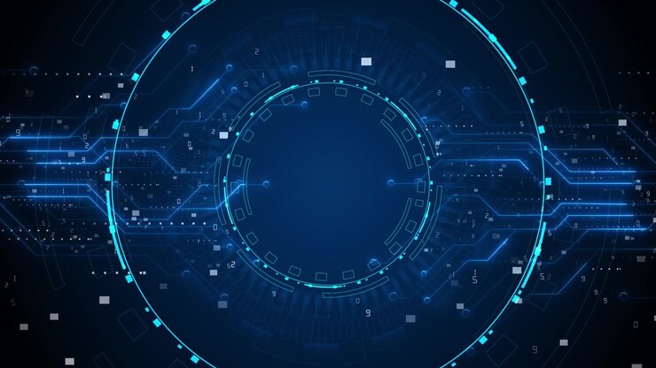 Sfondo circolare HUD tecnologico blu, linee di circuito, elementi numerici, anelli luminosi, centro digitale pulito