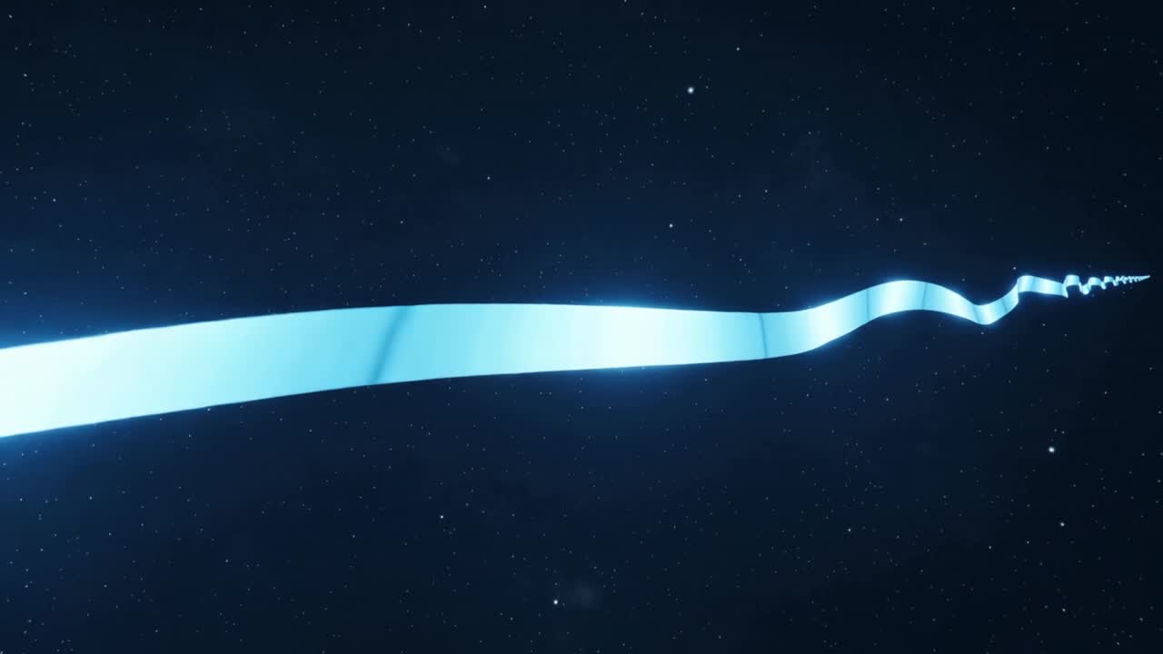 Nastro ciano luminoso che entra dal bordo sinistro e si estende su un campo stellare, creando movimento e profondità