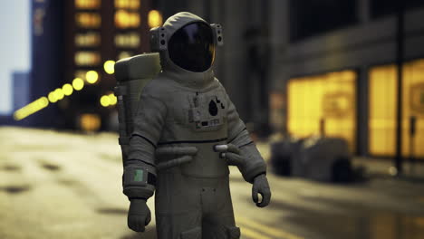 astronaut exploring an urban environment during twilight in a futuristic city