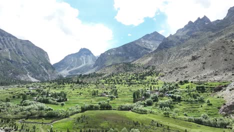 drone shot of basho valley in skardu view of mountains and trees in the valley