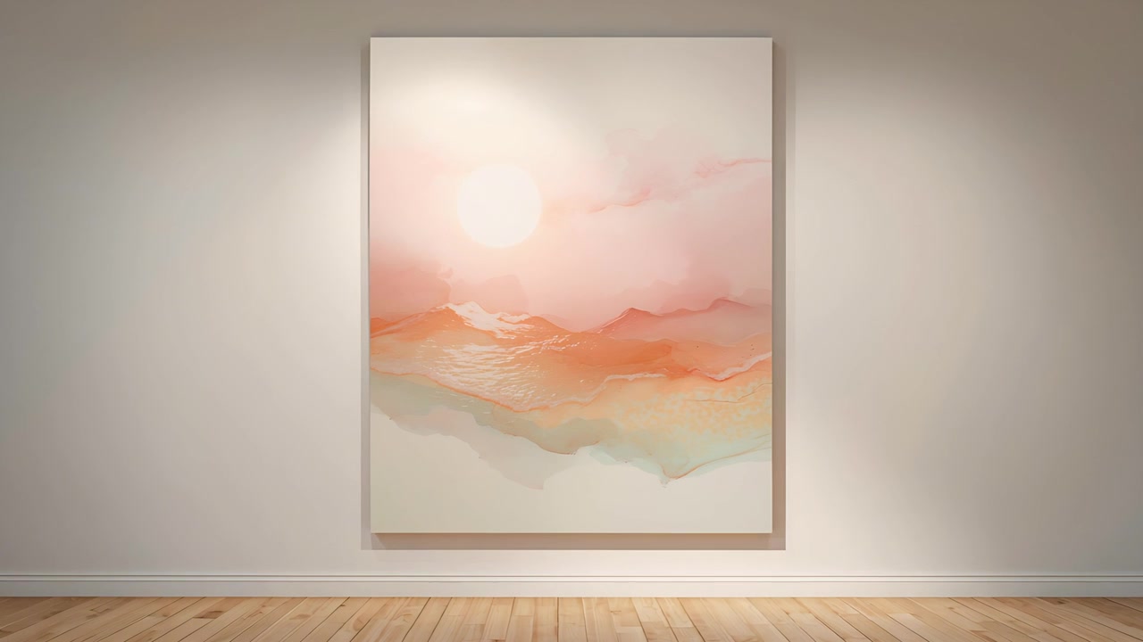 Riflettori su tela incorniciata che rivela un paesaggio dai colori pastello tenui in galleria, con faretti e pavimento in legno