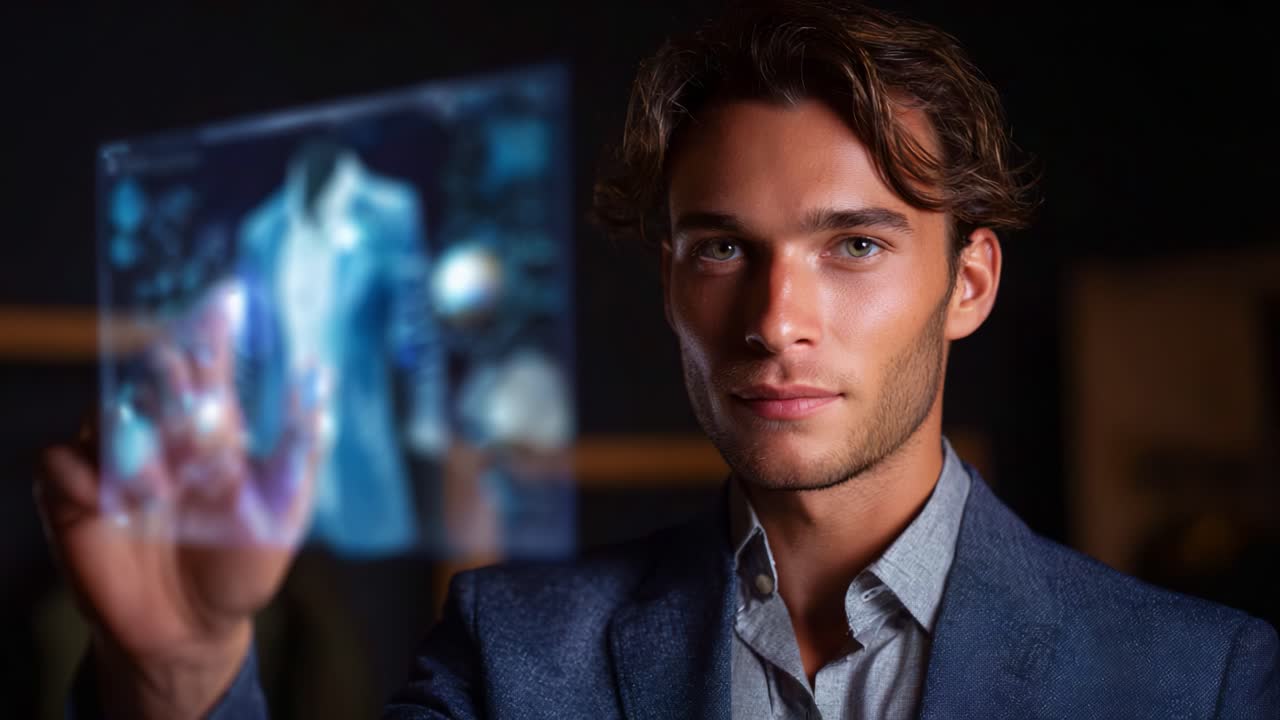 En selvsikker ung mand interagerer med en futuristisk holografisk skærm, der viser stilfuldt tøj og banebrydende visuelle elementer i et elegant, moderne miljø.
