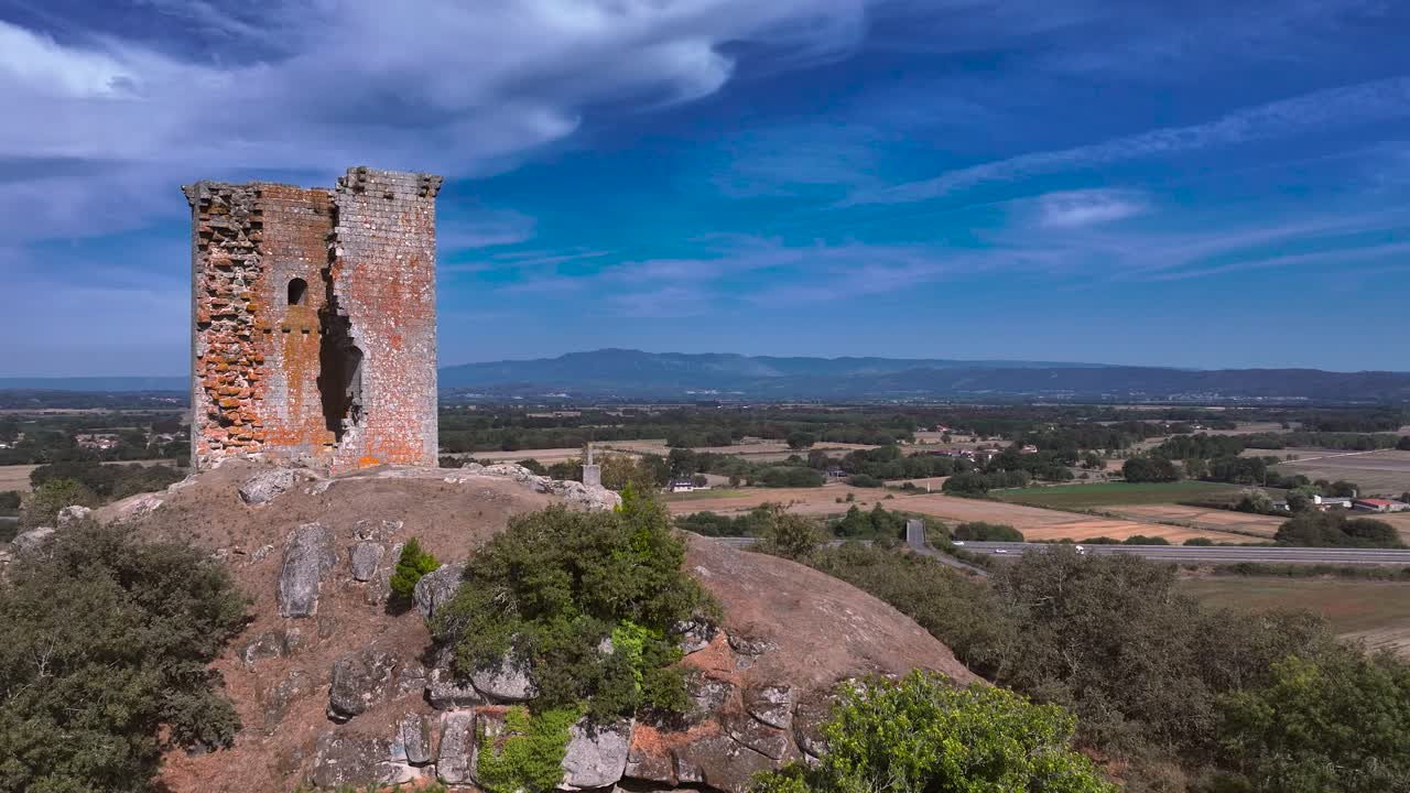 Torre do Castro Ruins In The Province Of Ourense, Galicia, Spain. Aerial Ascending Shot