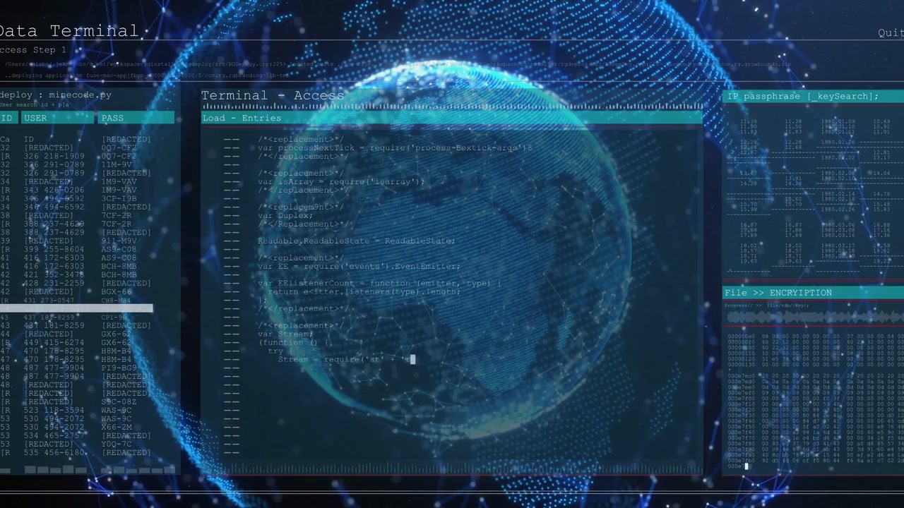 On boot point-cloud globe emerging and rotating while terminal panels slide, console streaming data