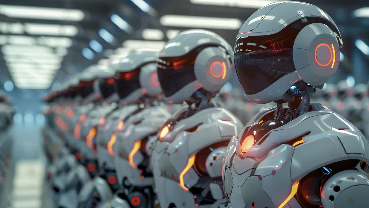 Rows of Futuristic Robots in a Modern Factory