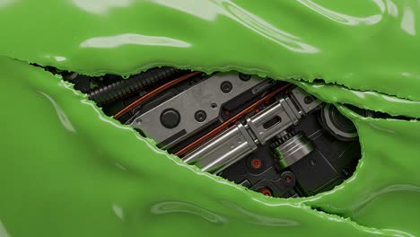 a glimpse of technology beneath vibrant green slime: an industrial mechanism revealed through a gooey surface
