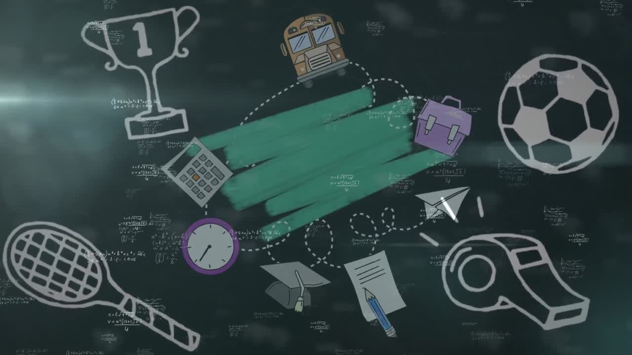 Animation of mathematical formulas and school items icons over graphics