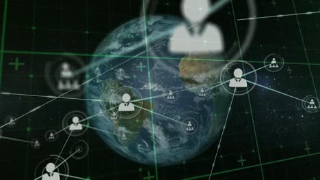 animation of network of connections with icons over globe on black background