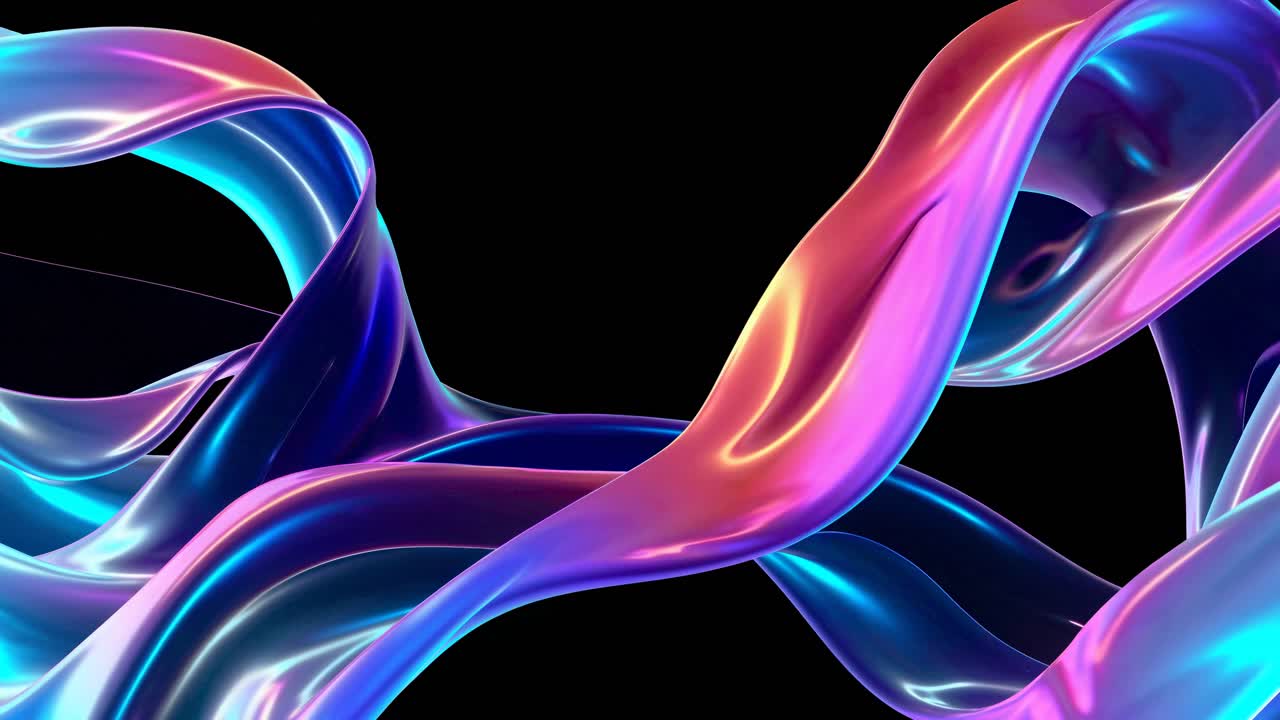 Dynamic 3D ribbons in vibrant colors twist and flow against a black background