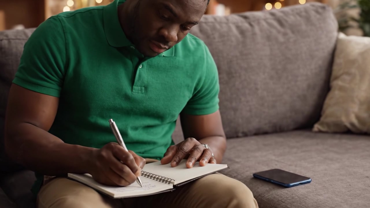 Focused Individual Engaged in Writing and Texting on a Smartphone While Sitting Comfortably on a Couch, Portraying a Moment of Creativity and Connection