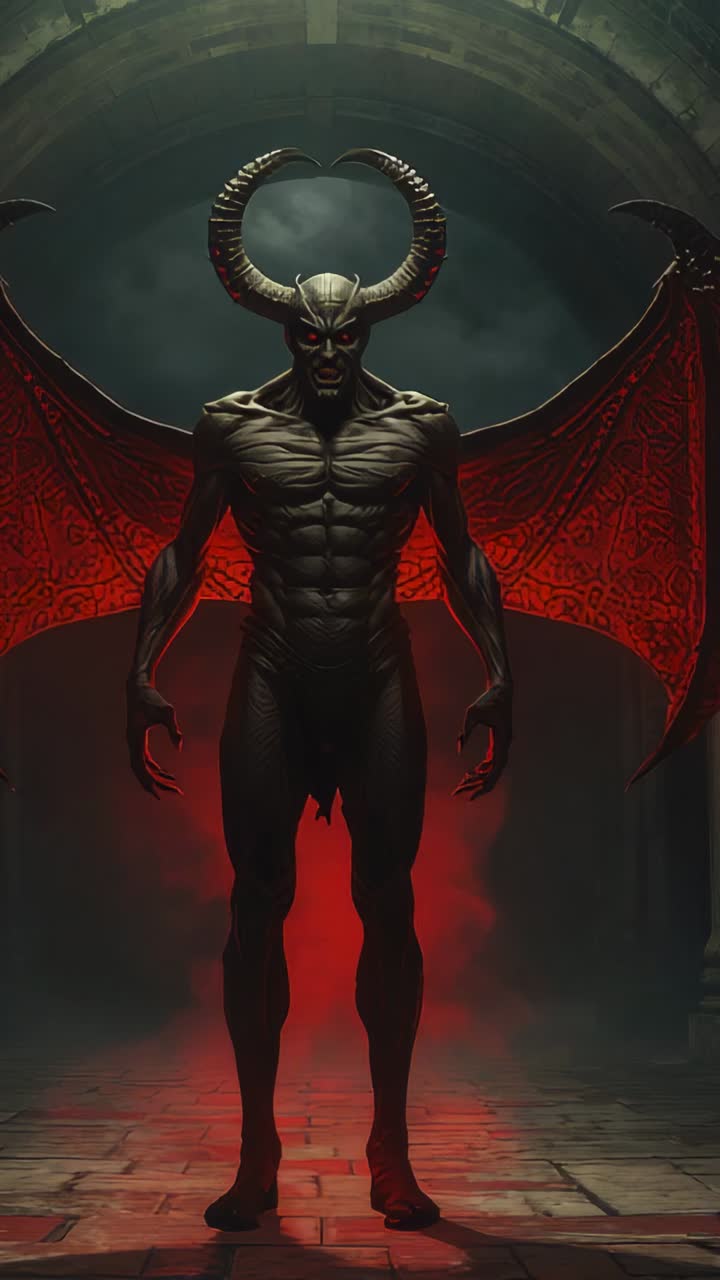 Vertical video: Pulsing red glow casting shadows over horned demon with wings in dungeon, loincloth
