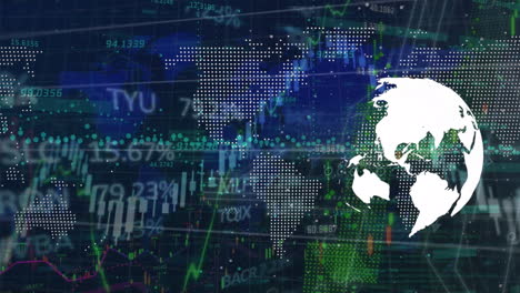 animation of financial and stock market data processing over world map and spinning globe