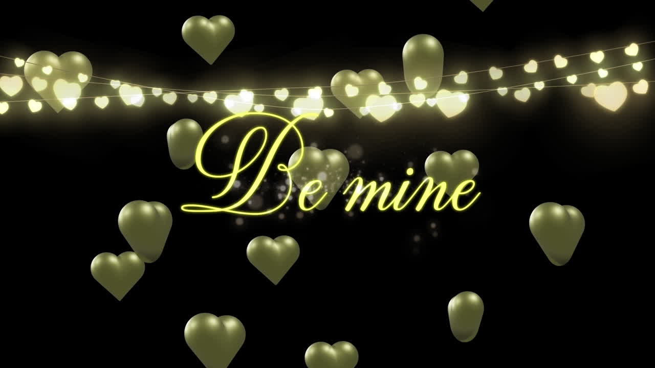 검은색 배경에 금색 심장과 밝은 반점 위에 있는 be mine 텍스트의 애니메이션