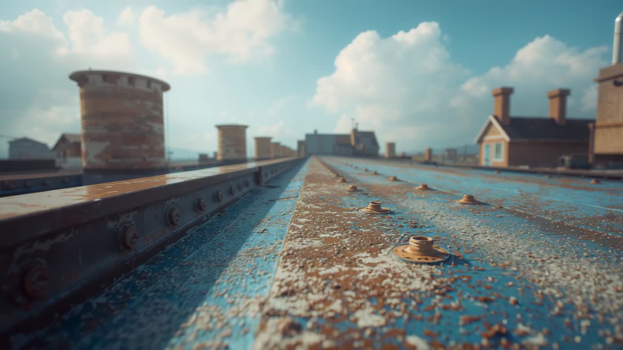 Initiating camera panning along rusty blue rooftop ridge, revealing corroded bolts and vent stacks