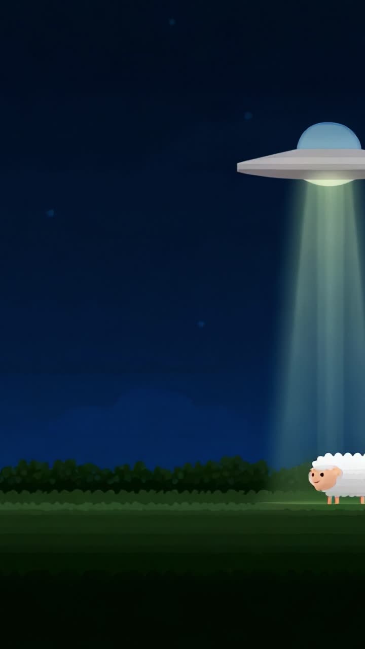 A whimsical encounter unfolds as a playful sheep stands in the serene night, bathed in warm light from an unusual flying saucer overhead, creating a scene of curiosity and wonder in the moonlit landscape