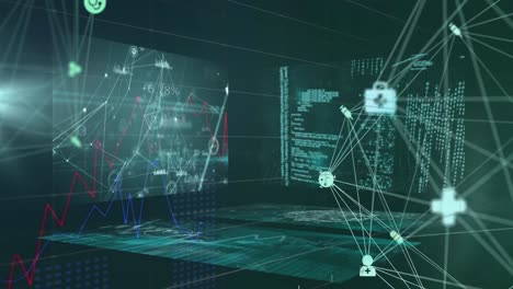 animation of network of connections with icons and data processing