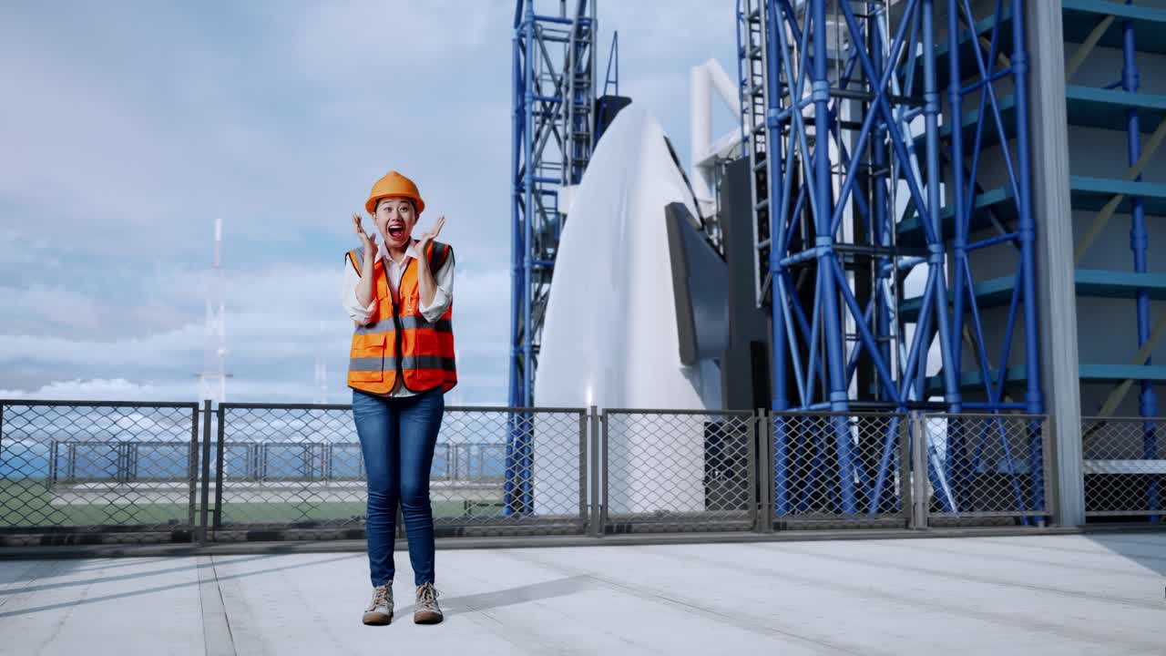 안전 헬을 입은 아시아 여성 엔지니어의 몸이 카메라에 미소 짓고 우주왕복선과 함께 서 있는 동안 와우라고 말합니다.