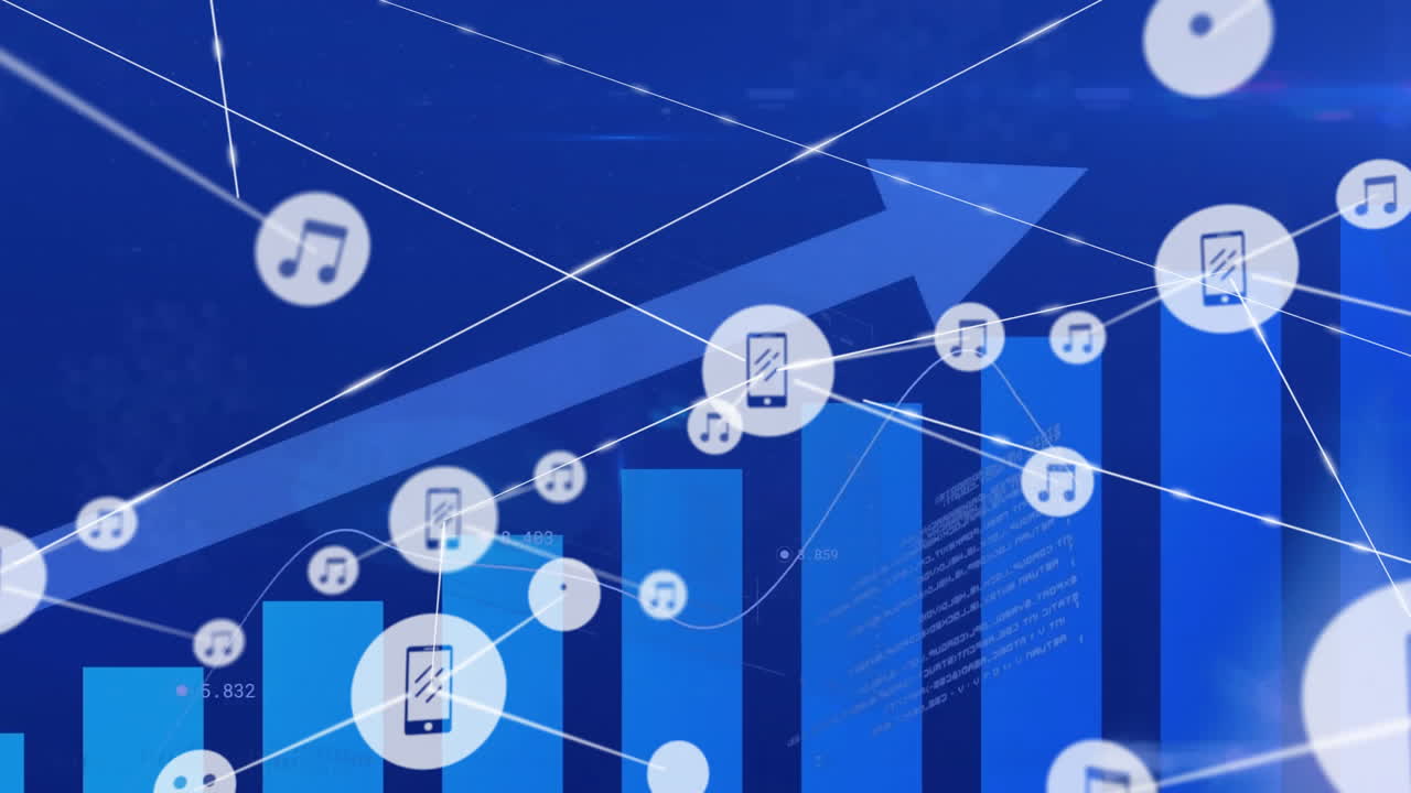 animación de la red de conexiones con iconos de dispositivos sobre el procesamiento de datos financieros