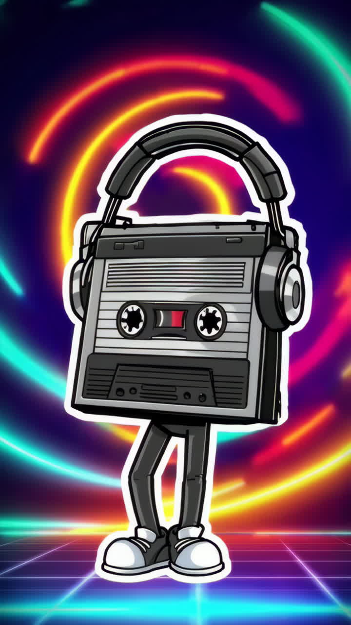 Retro Cassette Tape Character with Headphones in Neon Lights