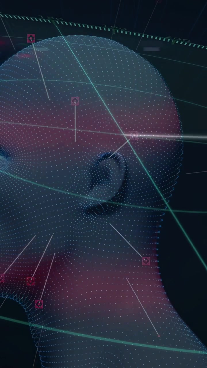 Vertical video: Cyan beam starting head rotation, dotted mesh rotating, markers mapping for setup