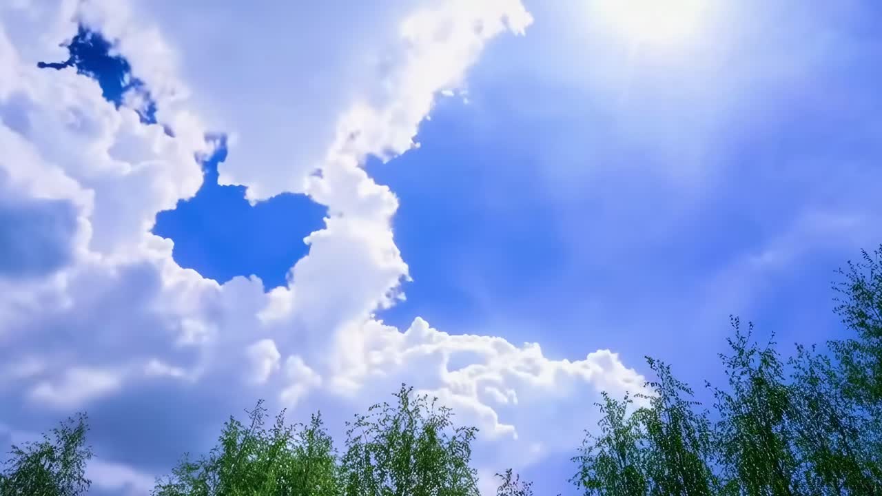 太陽と木々が映える澄み切った青空を白い雲が流れるタイムラプス