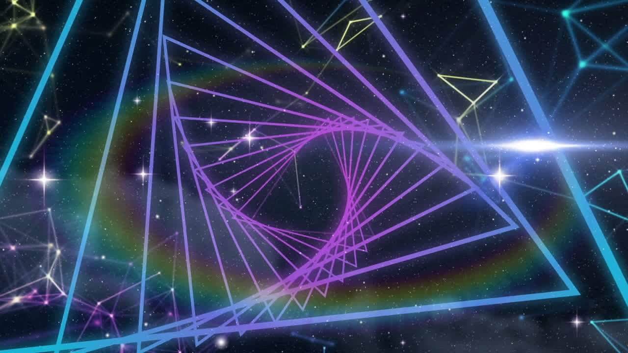 삼각형 모양 의 디지털 애니메이션 이 우주 에서 빛나는 별 들 에 비해 원활 한 움직임 으로 회전 하고 있다