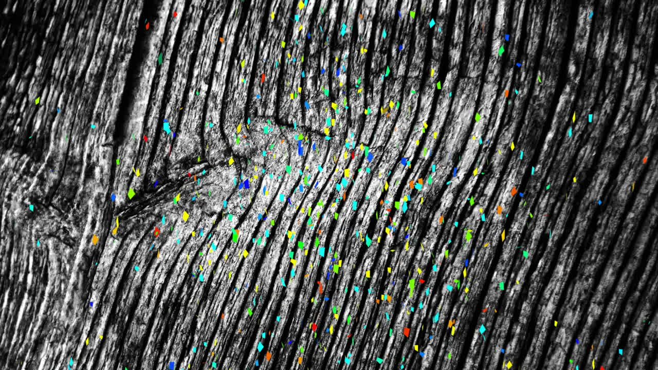 Colorful particles floating animation over textured wooden surface